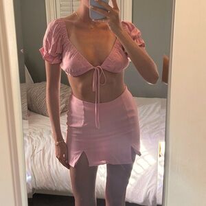 Pink ruched scrunch tie top and skirt set (top size Small, skirt size Medium)